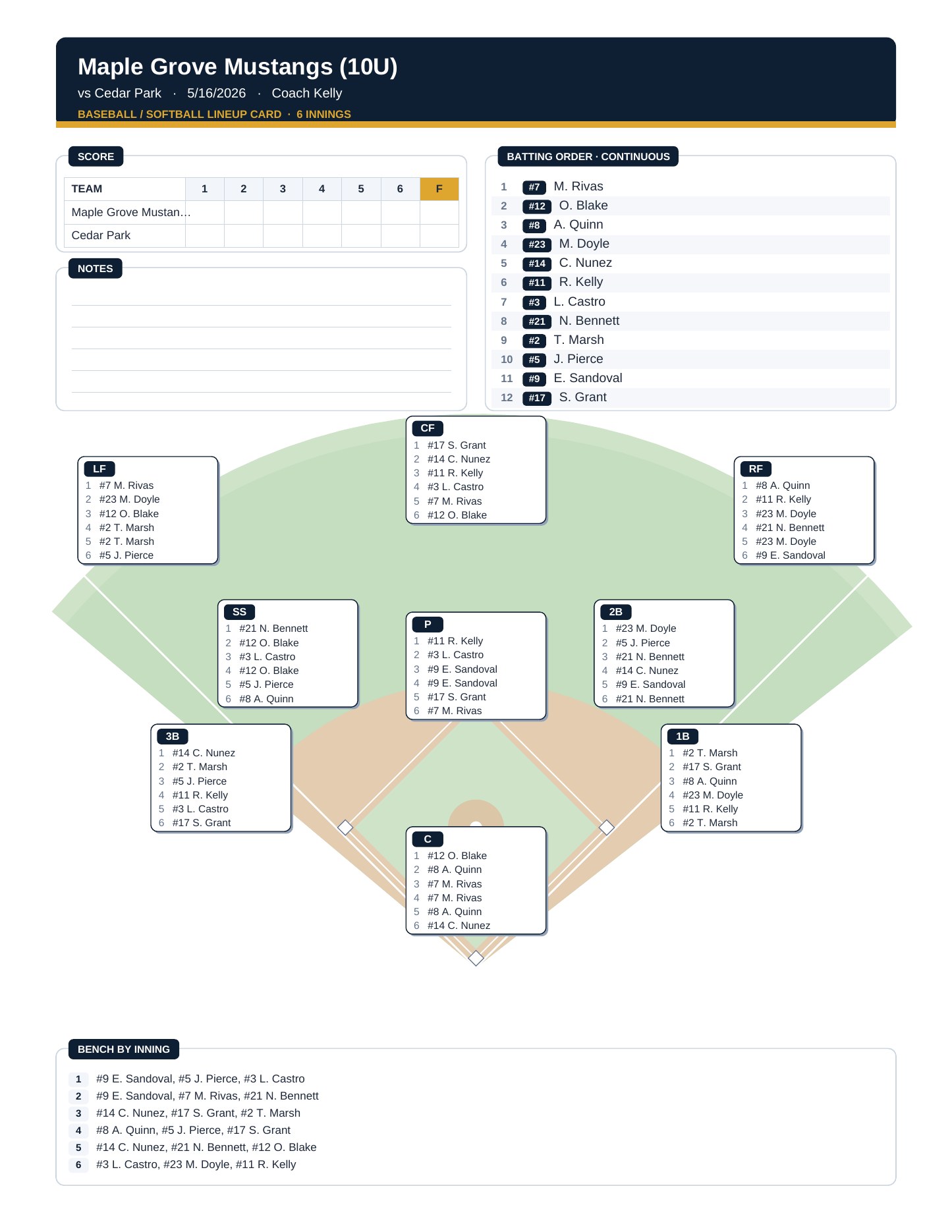 Printable Plays Manager baseball lineup card with fictional player names